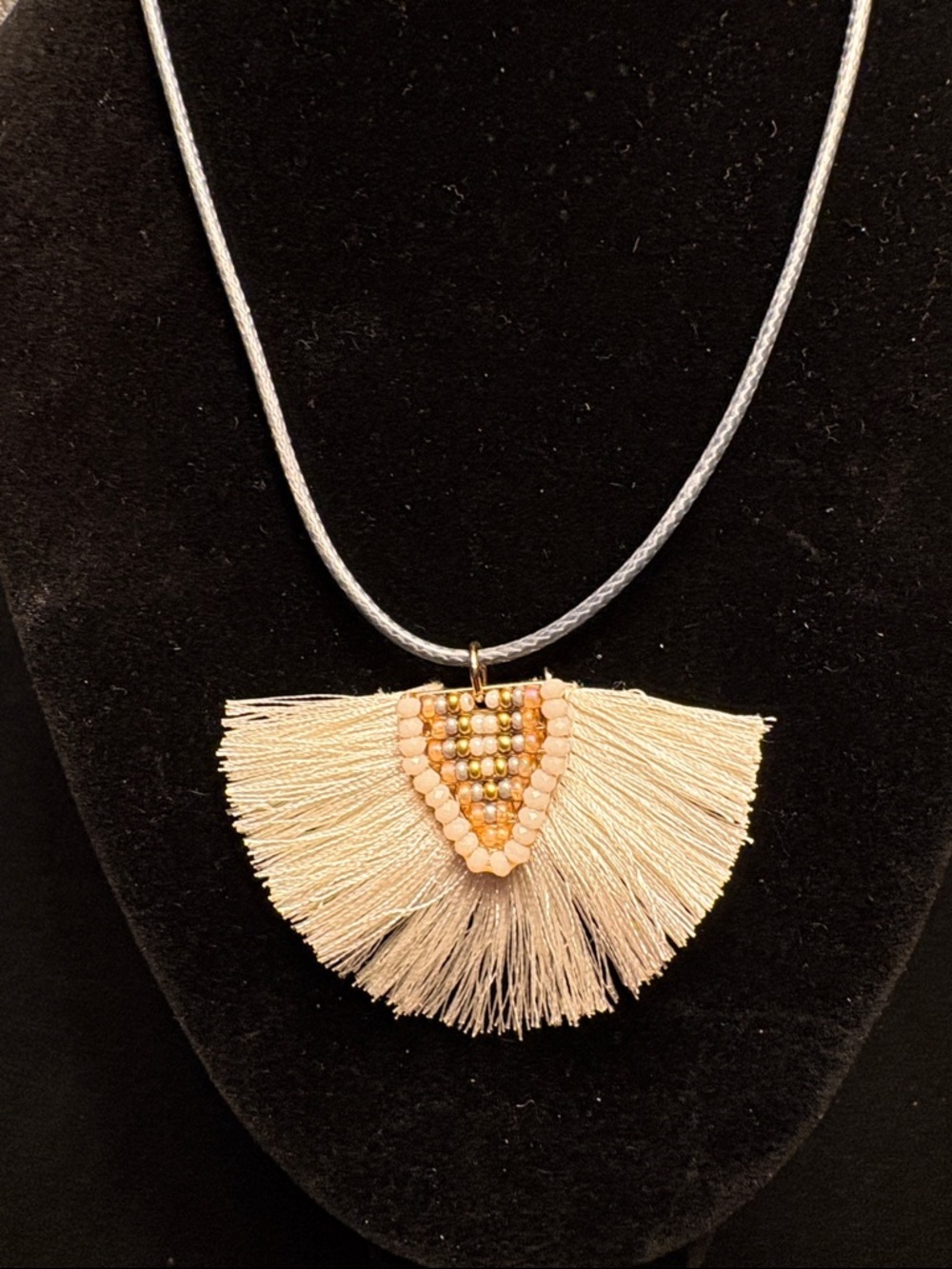 Beaded Cream Fringe Fan Pendant Necklace - Women Jewelry